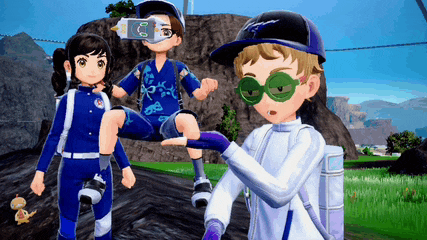 a boy wearing sunglasses and a purple hat is standing next to two other children