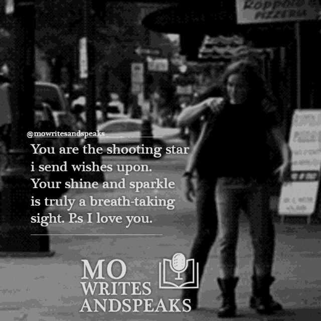 a poster for mo writes and speaks shows a couple walking down a street