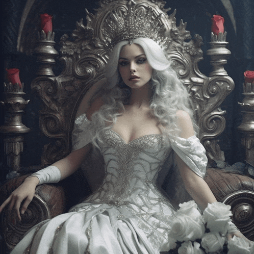 a woman in a white dress is sitting in a chair with a crown on her head