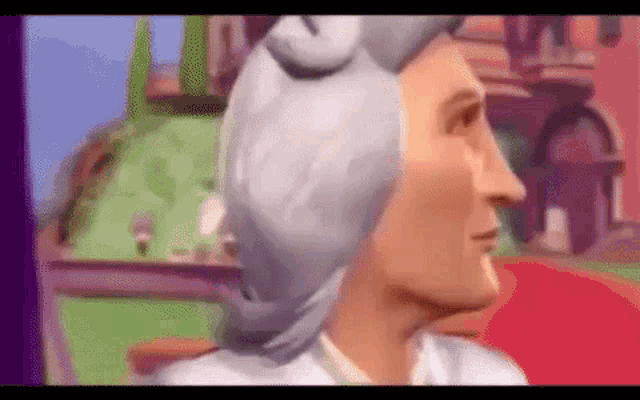 a cartoon character wearing a white hat is standing in front of a red carpet .