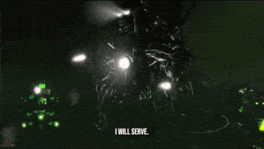 a robot is standing in a dark room with a green exit sign in the background