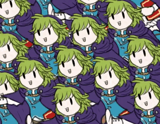 a bunch of cartoon characters with green hair and purple outfits
