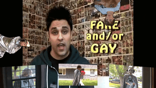 a man stands in front of a wall of pictures with the words fake and / or gay on it