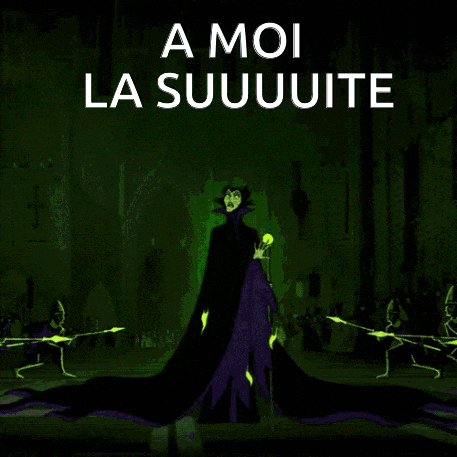 a poster of maleficent from sleeping beauty with the words " a moi la suuuute " above her