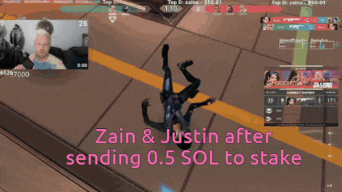 a screen shot of a video game with the words zain and justin after sending 0.5 sol to stake