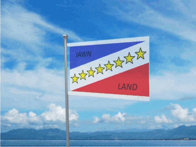 a red white and blue flag with the words jawn and land on it
