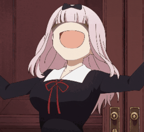 a girl with a bow on her head is standing in front of a wooden door with her arms outstretched