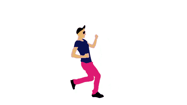 a man in a blue shirt and pink pants is running with a yellow headband .