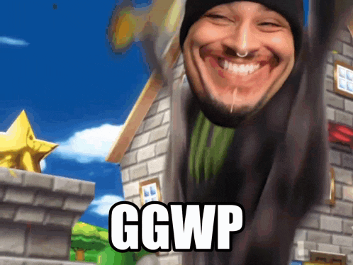 a man with a nose ring is smiling with the words ggwp written below him
