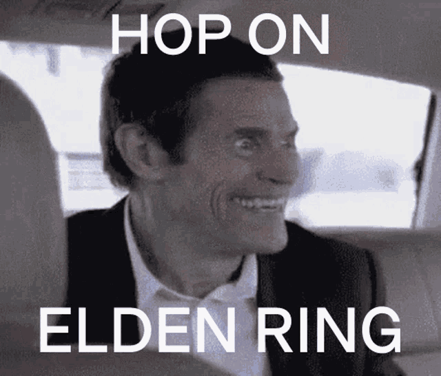 a man in a suit and bow tie is smiling in the back seat of a car with the caption hop on elden ring .
