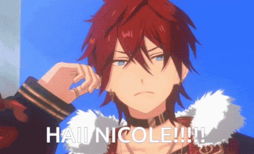 a cartoon character with red hair and blue eyes says haii nicole !!!