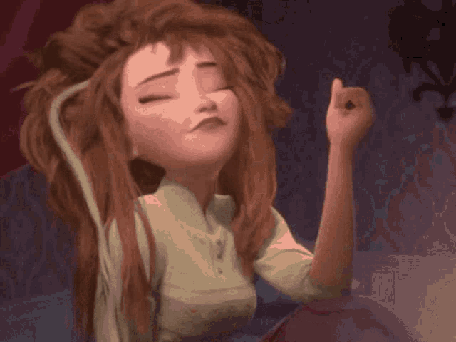 a cartoon girl with red hair is making a funny face