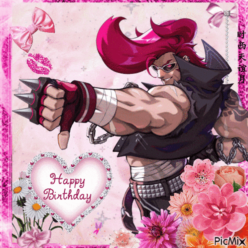 a picture of a man with pink hair giving a thumbs down with a heart that says happy birthday