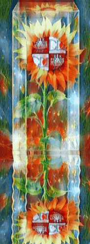a painting of sunflowers in a clear box with a reflection of the sunflowers in the water