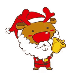 a cartoon illustration of a reindeer wearing a santa suit and holding a bell .