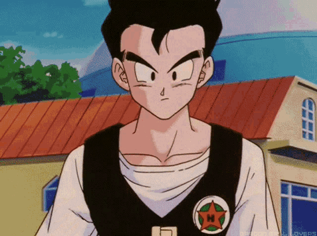 a cartoon character with the letter h on his chest is standing in front of a house