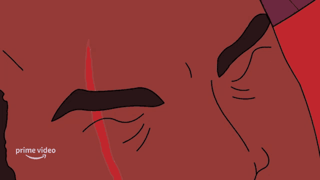 a cartoon of a man 's face with a red eye and the words prime video below it