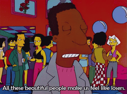 a cartoon of a man with the words all these beautiful people make us feel like losers below him