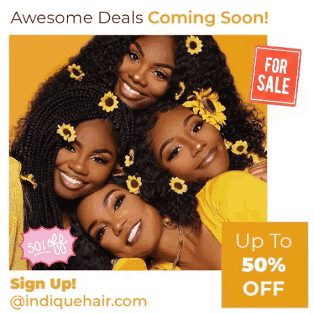 a sign that says awesome deals coming soon with a picture of four women