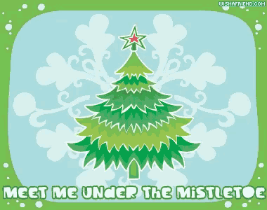 a green christmas tree with a red star on top and the words meet me under the mistletoe below it
