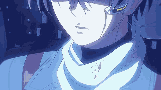 a close up of a person 's face with a few spots of blood on it