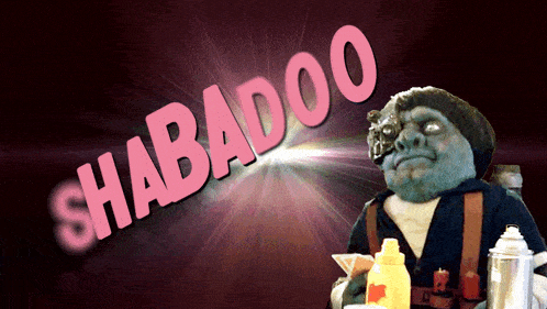 a cartoon character is holding a bottle of mustard and the word shabadoo is behind him