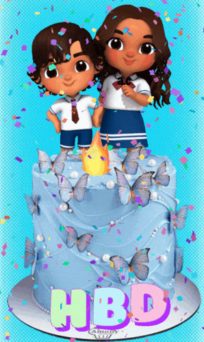 a birthday cake with a boy and a girl on top and the word hbd on it