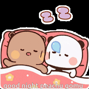 a cartoon of two bears sleeping next to each other with the words good night peachu gomu above them