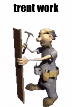 a cartoon of a man holding a gear with the words trent work below him