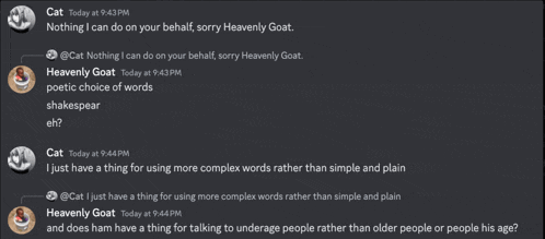 a screenshot of a conversation between cat and heavenly goat at 9:43 pm