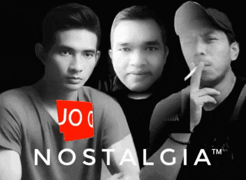 a black and white photo of three men with the words nostalgia tm on the bottom