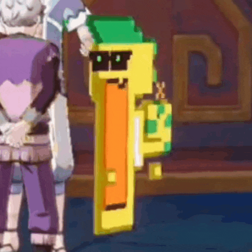 a cartoon character wearing sunglasses and a green hat is holding a yellow object with a face on it .