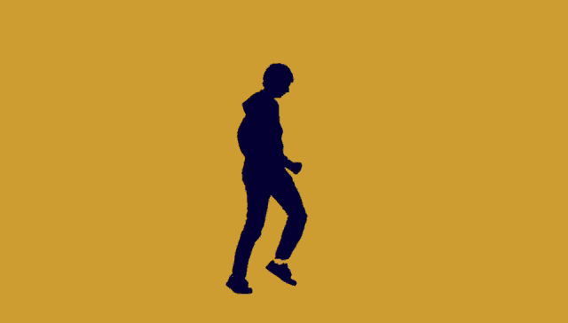 a blue silhouette of a person walking on a yellow background