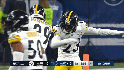 pittsburgh steelers player number 23 celebrates a touchdown