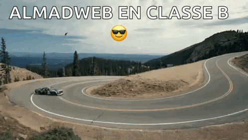 a car is driving down a curvy road with the words almadweb en classe b written above it