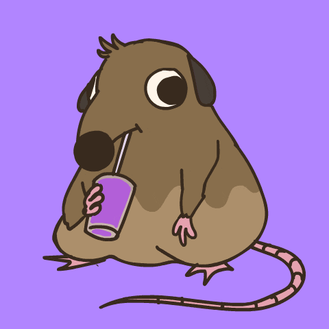 a cartoon drawing of a rat drinking from a purple cup with a straw