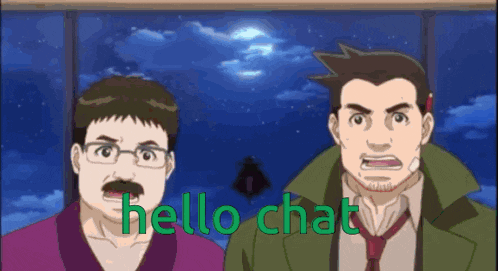 two men are standing next to each other and the words hello chat are visible