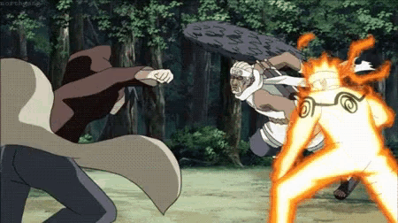 a cartoon of a man fighting another man in a forest .