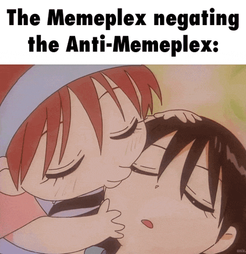 a cartoon of a girl kissing a boy 's forehead with the caption " the memeplex negating the anti-memeplex "