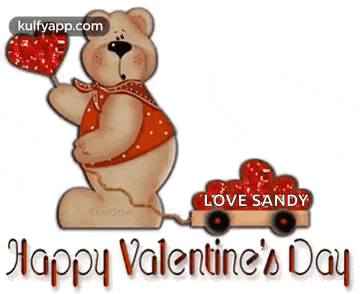 a teddy bear is holding a heart shaped balloon and pulling a train of hearts for valentine 's day .