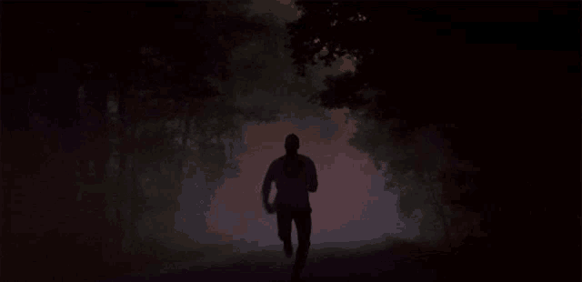 a man is walking through a dark forest