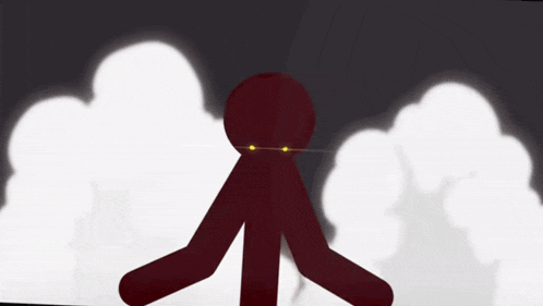 a red stick figure with yellow eyes is standing in front of a cloudy background