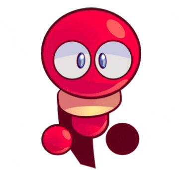a cartoon drawing of a red worm with big eyes