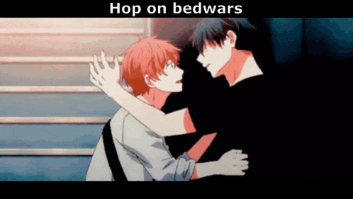 a couple of anime characters hugging with the words hop on bedwars above them