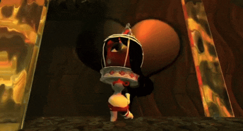a cartoon character stands in front of a heart shaped wall