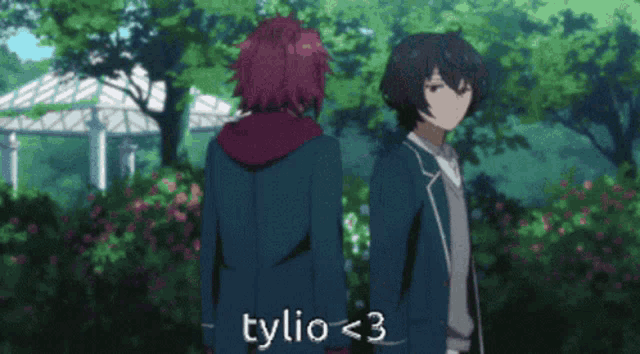 a girl with purple hair is hugging another girl with the words " tylio < 3 " written below her