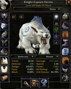 a knight captain fenros level 60 night elf druid is shown