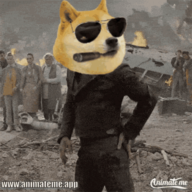 a doge wearing sunglasses and smoking a cigar stands in front of a crowd