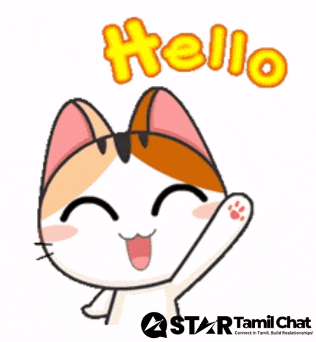 a cartoon cat says hello with a star tamil chat logo below it