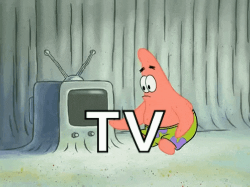 a cartoon of patrick star sitting in front of a television with the word tv written below him
